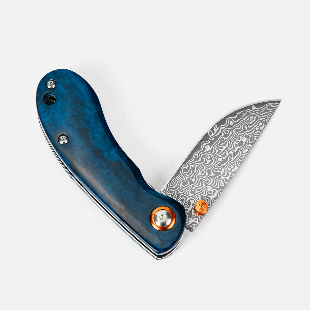 SHINK NDM-BLUE Damascus Steel Folding Pocket Knife | VG10 Damascus Blade, Blue Dyed Ox Bone Handle