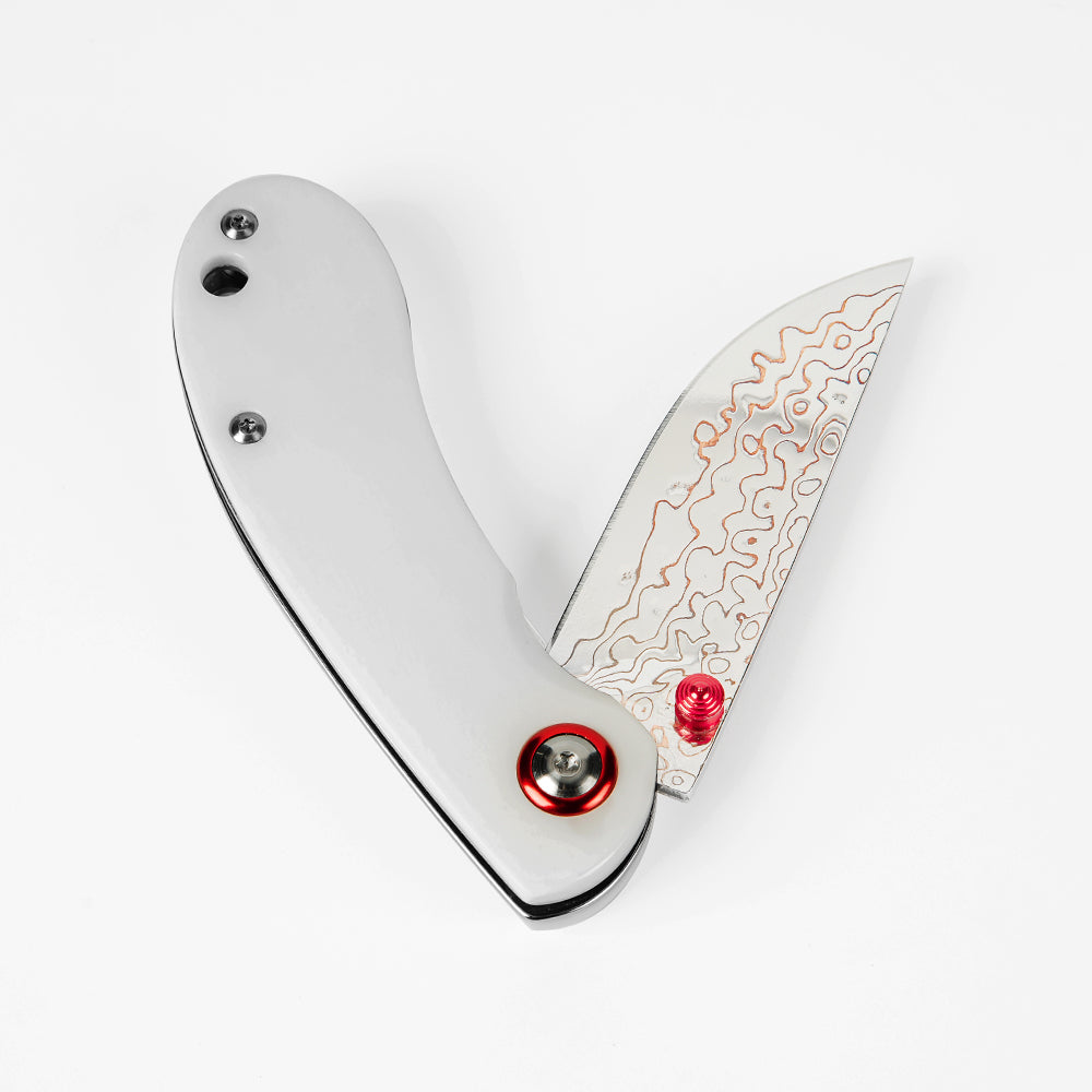 SHINK NDM-WHITE Brass Damascus Steel Folding Pocket Knife | Copper Damascus Blade, Pure White Dyed Ox Bone Handle