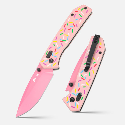Shink PK-01 "Donut Glaze" EDC Folding Knife – 3.2" 420J2 Blade, Aluminum Handle, Crossbar Lock – Lightweight Fun Pocket Knife